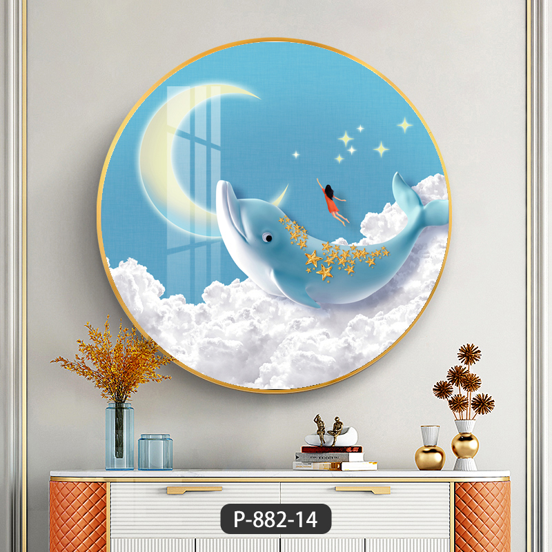 圆形装饰画儿童房挂画现代简约壁画高档墙面海豚可爱女孩晶瓷画图片
