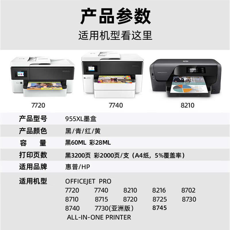 适用惠普955墨盒7730 7740 7720 8720 8710 Pro8210 8740 8730 hp