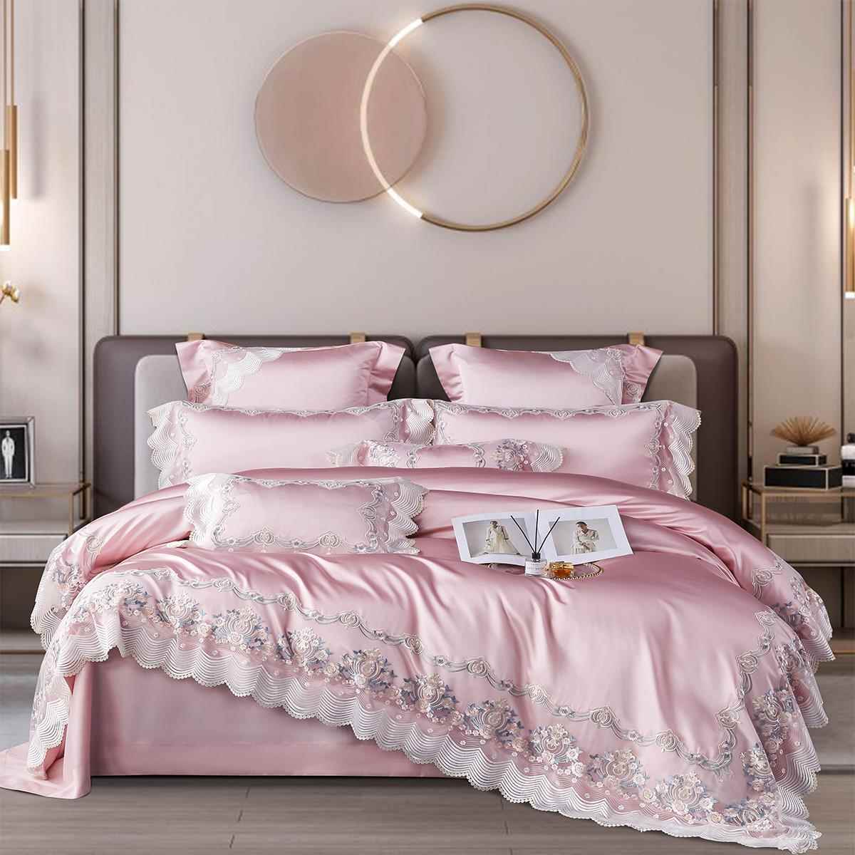 高档欧式高档公主风蕾丝四件套绒140支长棉纯棉被套高婚床上端用