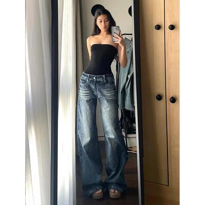 180高个子加长覆古辣妹低腰微喇牛仔裤女春秋宽松显瘦阔腿拖地裤