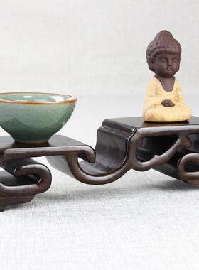 实木雕刻工艺品底座花盆花瓶石头客厅摆件装饰品木雕圆形木质托架