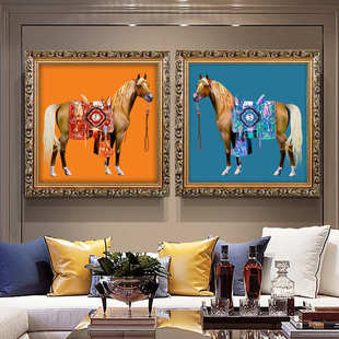 美式骏马装饰画玄关餐厅装饰正方形欧式大气两幅组合客厅挂画轻奢