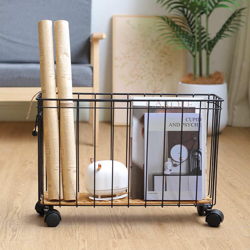 编织铁艺窄形夹缝客厅杂志筐长条缝隙茶几边置物篮带轮子