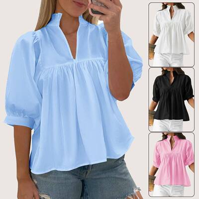Womens V Neck Puff Sleeve Blouse Babydoll Peplum Tops