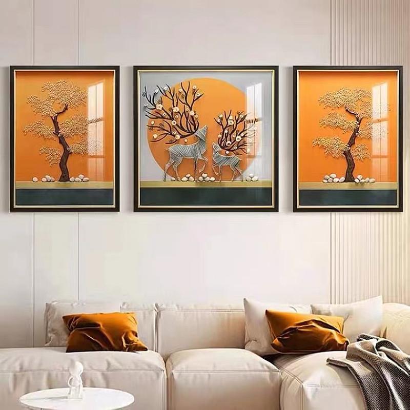 轻奢客厅立体实物装饰画三联画沙发背景墙现代简约高端大气鹿壁画