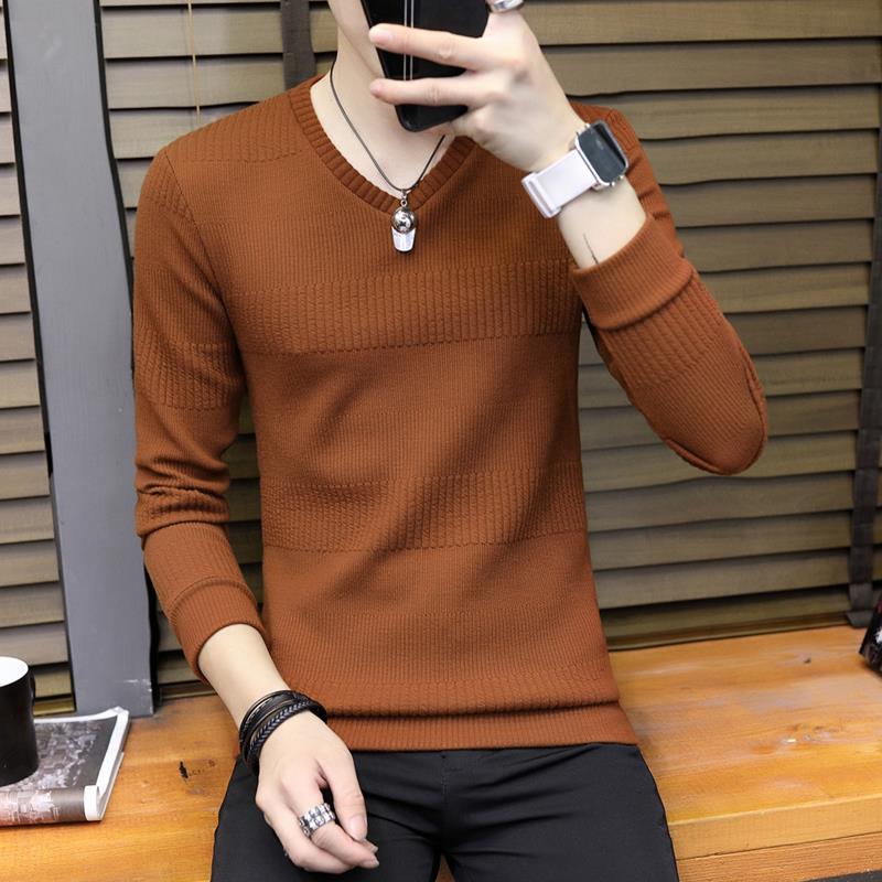 男士长袖t恤潮流秋冬针织打底衫长袖体恤韩版潮牌v领线衣0921e