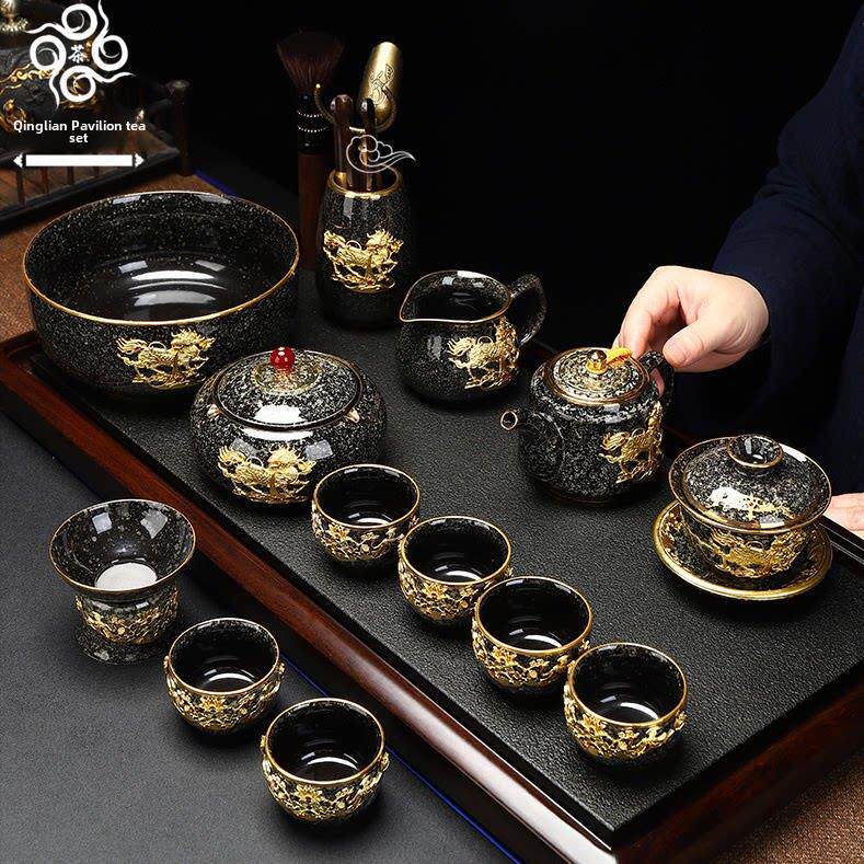 新款中式窑变黑釉镶金建盏功夫茶具套装金龙腾家用茶杯盖碗整套