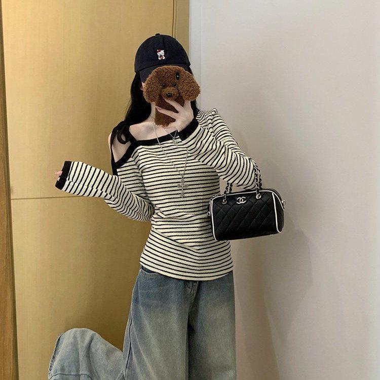 SPYB美式撞色条纹斜肩长袖t恤女春秋新款修身绑带露肩打底衫上衣