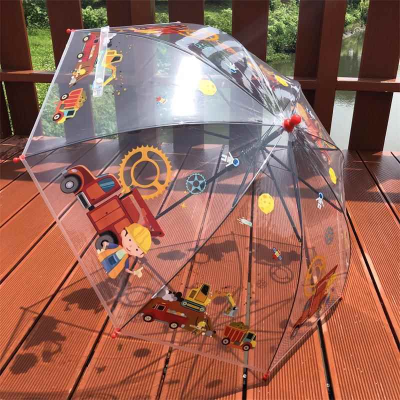 高档透明儿童雨伞自恐动长主柄小猪卡通工程车男女小孩幼龙儿园公