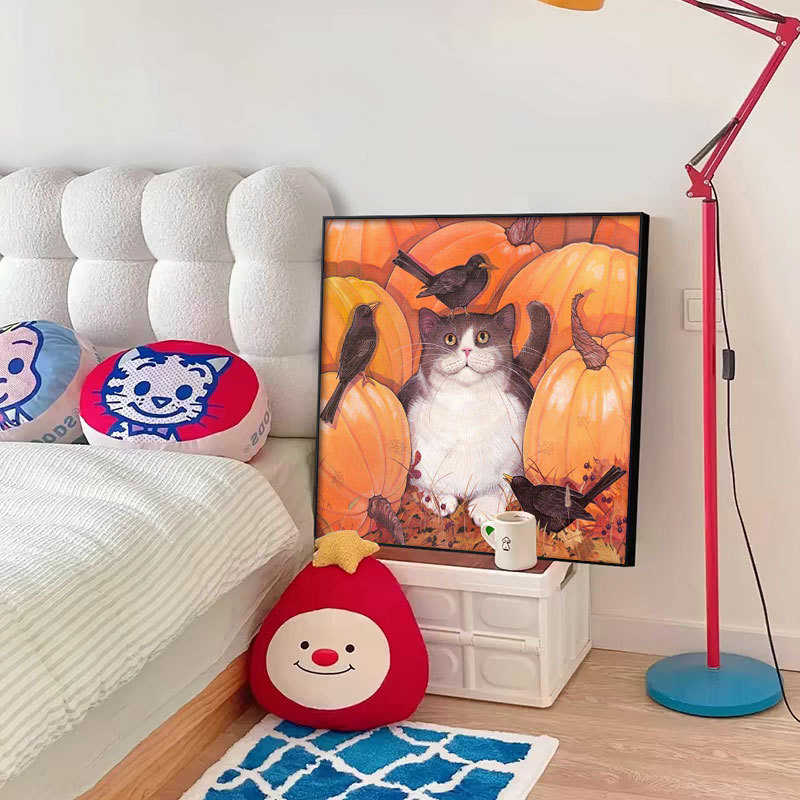 卡通猫咪动物南瓜挂画北欧客厅装饰画现代简约卧室正方形柜子摆画图片