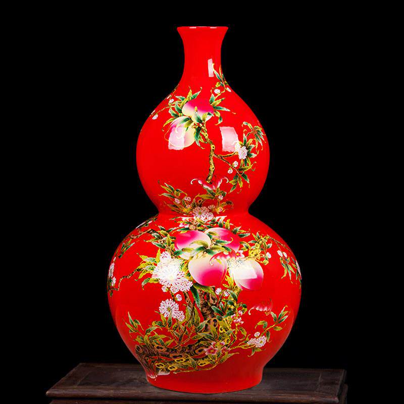 景德镇陶瓷器 中国红色福寿图葫芦落地大花瓶 客厅装饰工艺品摆饰