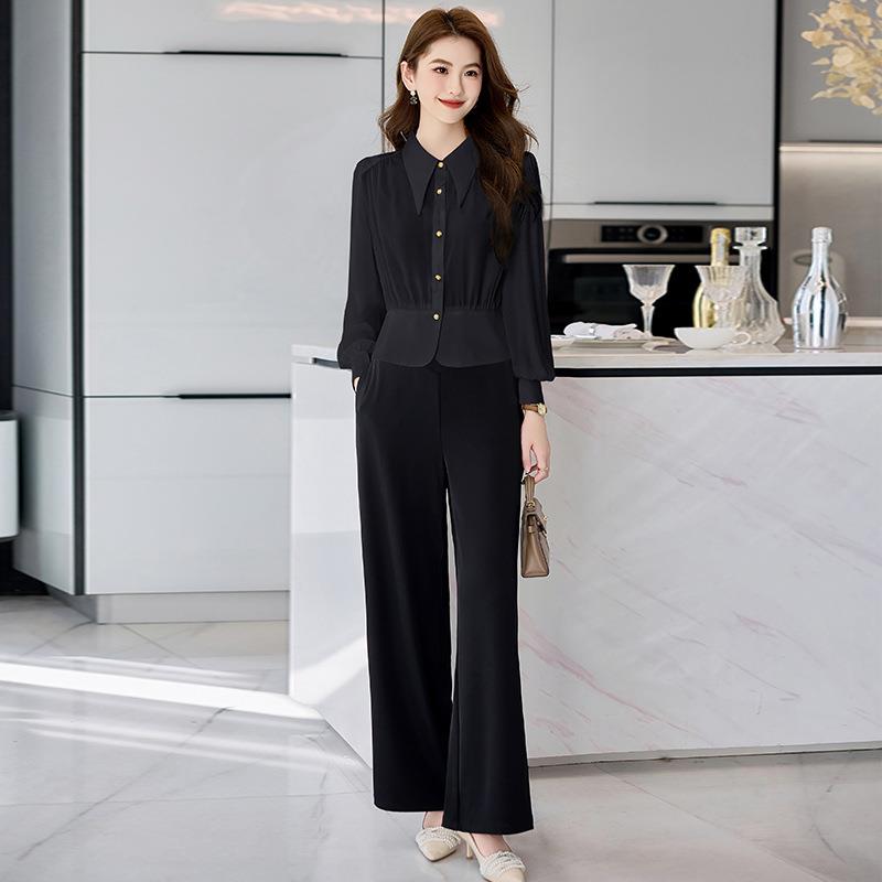 时两套装2025春季款女装尚气质长袖衬衫时尚阔HR970-6腿裤件套HR