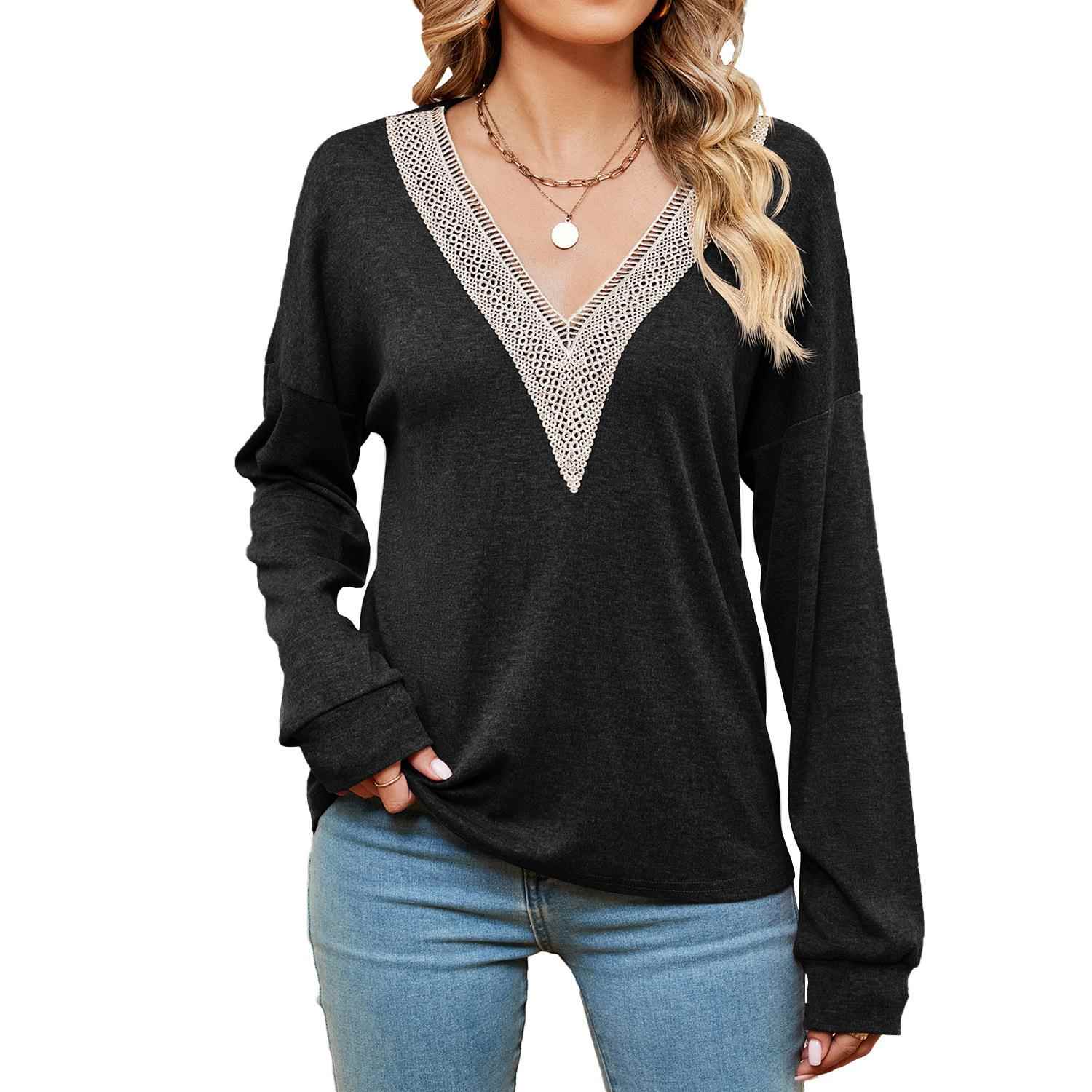 color color lace contrast long-sleeved top V-neck Solid