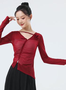 古典舞练功服身韵纱衣舞飘逸新款服装网纱女成人上衣红色长0412d