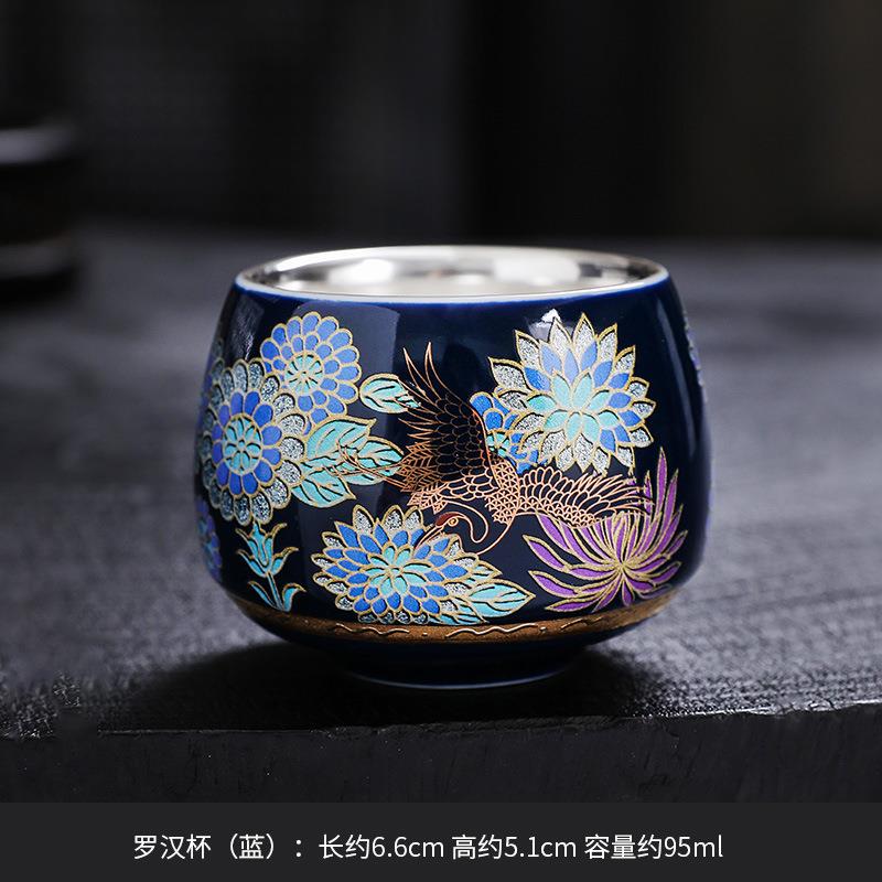 银杯子纯银茶杯家用玉瓷鎏银主人杯陶瓷功夫茶具复古茶杯单