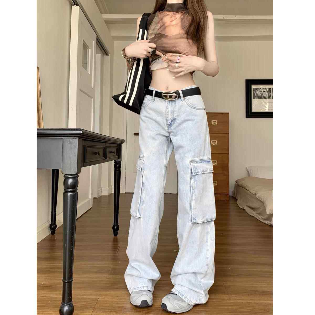 美式复古街头工装牛仔裤女春款宽松直筒设计感高腰拖地阔腿裤定制