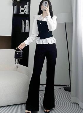 时尚套装女2025春季新款韩版修身拼接假两件衬衫黑色喇叭裤两件套