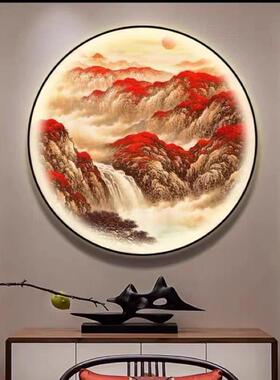鸿运当头玄关装饰画带灯新中式圆形茶室背景墙灯画办公室山水挂画