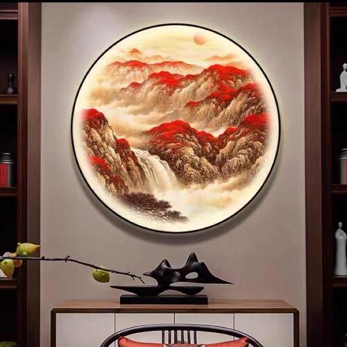 鸿运当头玄关装饰画带灯新中式圆形茶室背景墙灯画办公室山水挂画