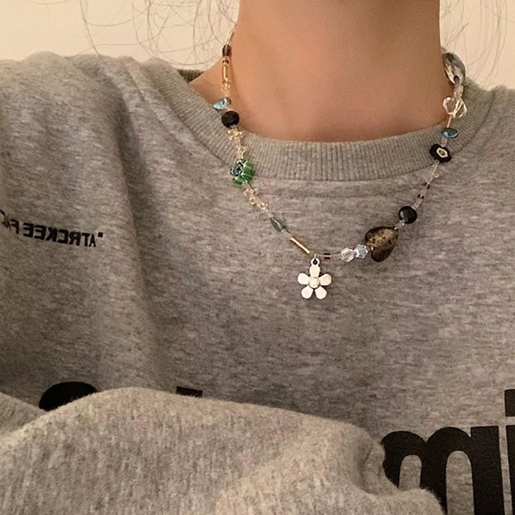 法式复古水晶爱心花朵项链女韩国小众个性简约百搭气质颈链锁骨链