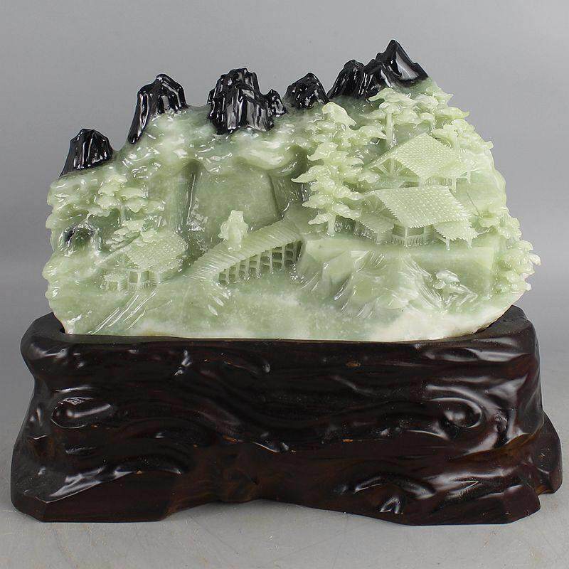天然玉石摆饰岫玉山水摆件岫岩花玉山水世外桃源玉石家居客厅摆件