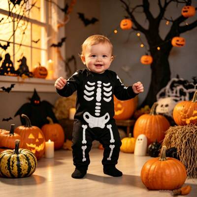 Halloween Baby Long Sleeve Skeleton Floral Romper