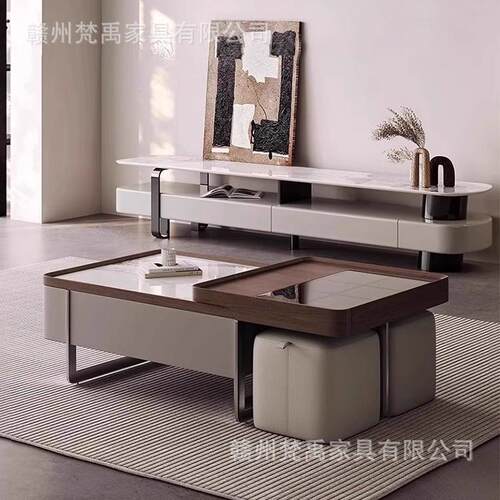 中古风意式极简岩板方形茶几家用小户型伸缩带凳子创意轻奢高档
