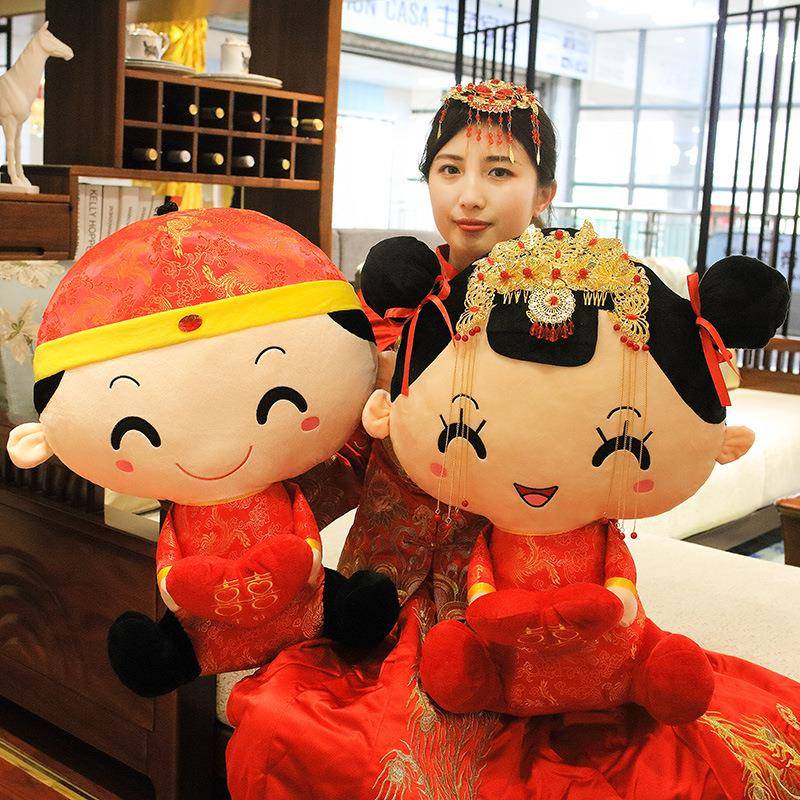 带金头饰中式婚庆压床娃娃一对公主驸马毛绒玩具扁头玩偶情侣玩偶