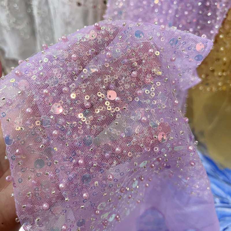 红色绿色网纱刺绣珍珠亮片散珠点缀面料手工DIY布料婚纱礼服头纱