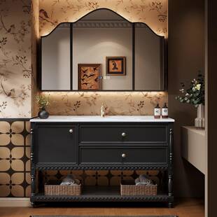 法式复古橡木浴室柜组合落地岩板热弯陶瓷一体卫生间洗手盆洗漱台