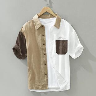 shirt linen patchwork top short Color thin blocked