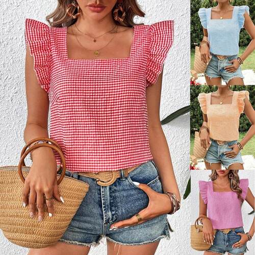 Summer Gingham Top Orange Check Print Square Neck And