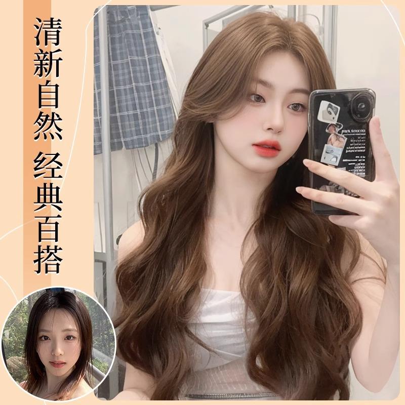 新款直销跨境假发女长发前蕾丝中分八字暖茶棕水波纹长卷发假发女