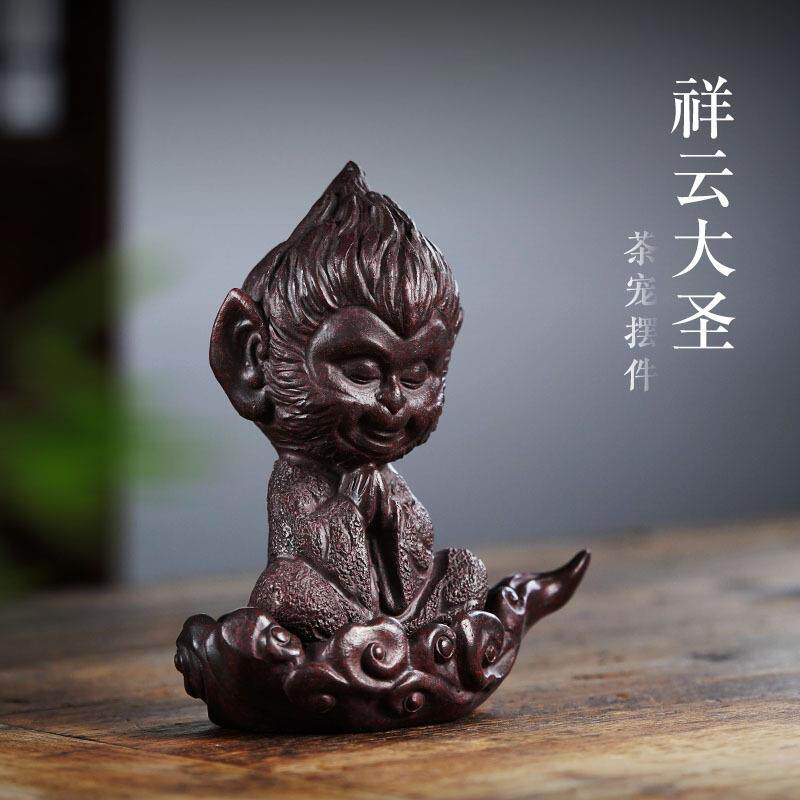 国风青砂石孙悟空摆件神猴宝宝紫砂茶宠桌面茶台祥云大圣雕塑厂家