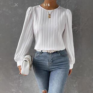 Women's Bubble Sleeve Long Sleeves Pleated Fitted Blouse Shi