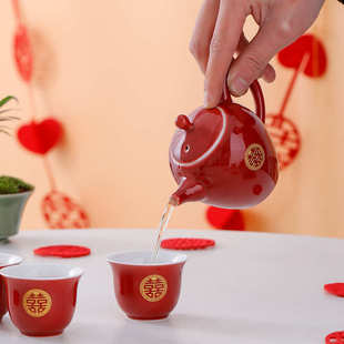 结婚送新人节日过年高档创意家用婚庆红色茶洗杯盖碗茶壶 茶具套装