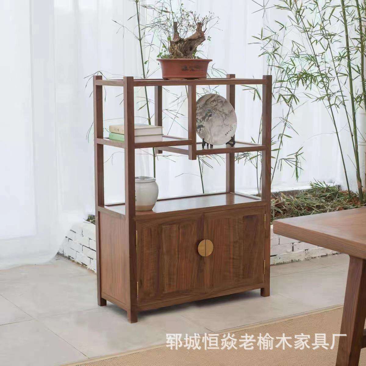 新中式老榆木博古架客厅茶具展示柜卧室落地小书架双开储物柜