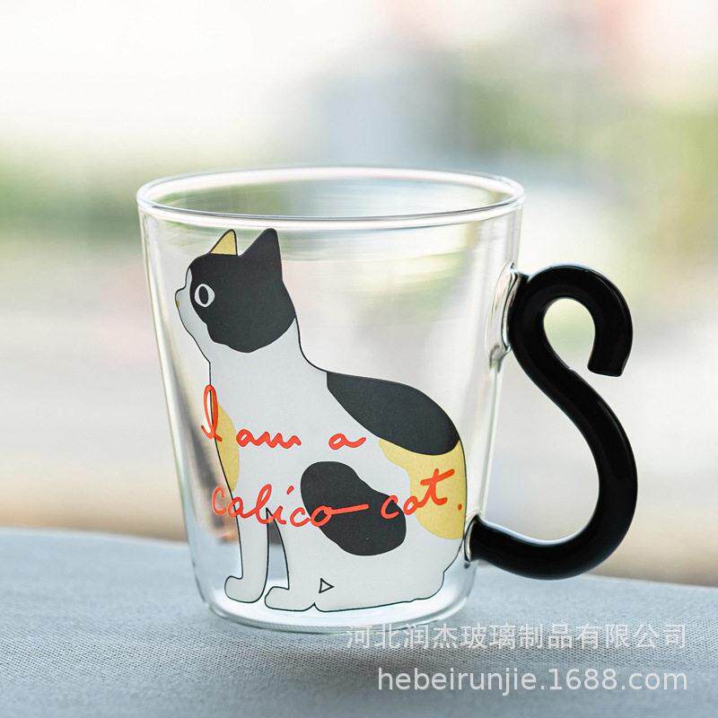层杯透明玻璃猫咪杯带把手早餐杯250毫升可微波学生可爱牛奶杯