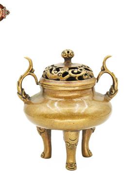 宏达 全黄铜仿古包浆光面三足炉玄关铜香炉礼品摆件