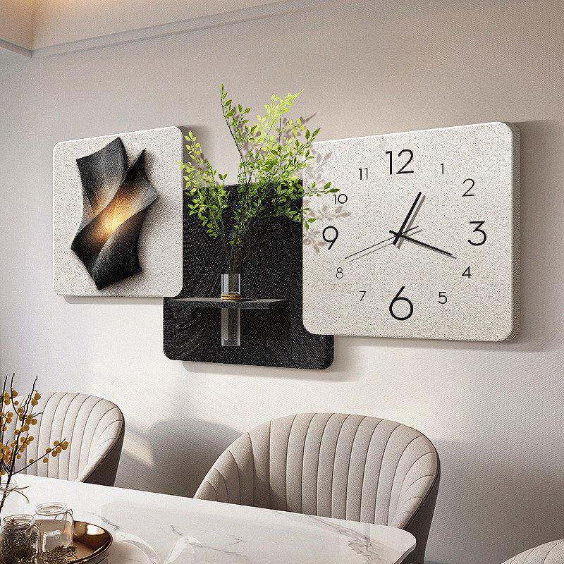 抽象水培绿植饭厅装饰画现代简约客厅饭桌带钟表挂墙高级感墙壁钟