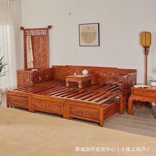 推拉式罗汉床实木老榆木可抽拉沙发床新中式伸缩箱体罗汉榻全实木