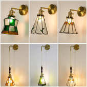 复古田园黄铜壁灯法式 手工蒂凡尼彩色玻璃咖啡厅阳台过道床头壁灯