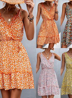 Lace up ruffle edge floral suspender dress