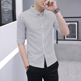 夏季条纹中袖衬衫男韩版修身短袖寸衫男装，潮流半袖休闲七分袖衬衣