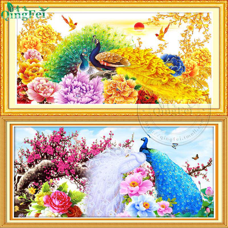 青飞精准印布金牡丹孔雀十字绣横版大幅梅花孔雀图挂画越南柬埔寨