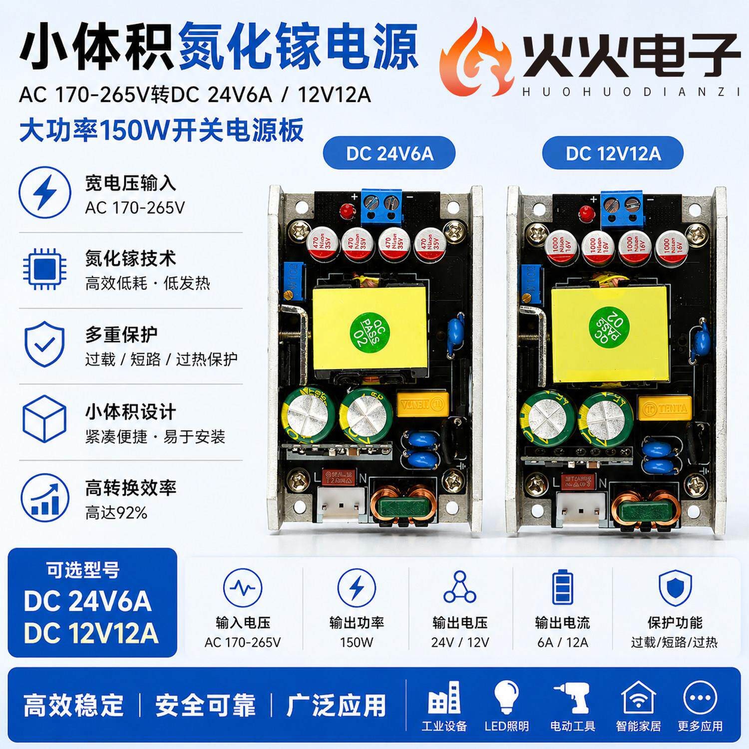 小体积氮化镓电源AC170-265V转DC24V6A 12V12A大功率150W开关电源