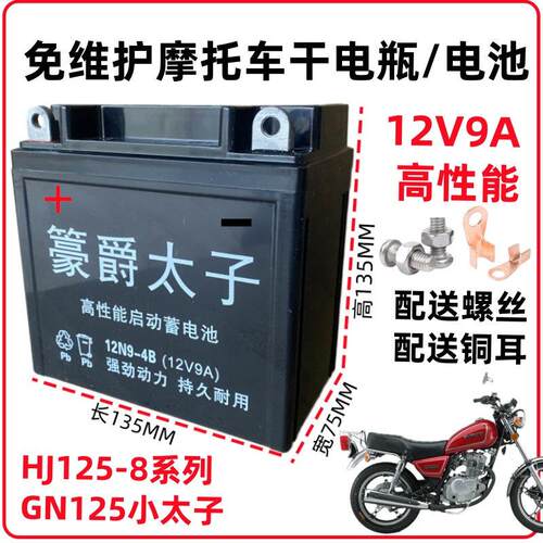 125摩托车电瓶12V9Ah钻豹豪爵太子跨骑车通用12v蓄电池12N9-4B-1