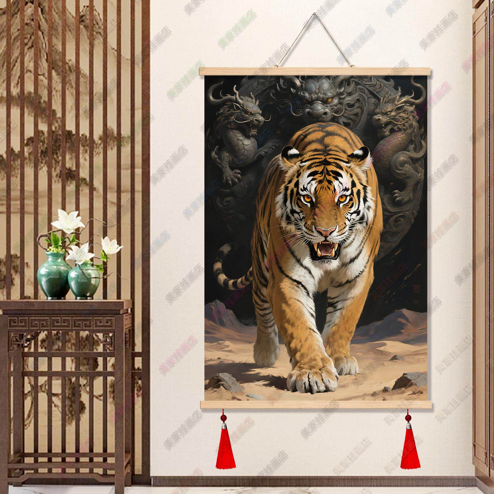 老虎国画霸气猛虎玄关装饰画客厅办公室入户墙画壁画镇宅旺宅挂画