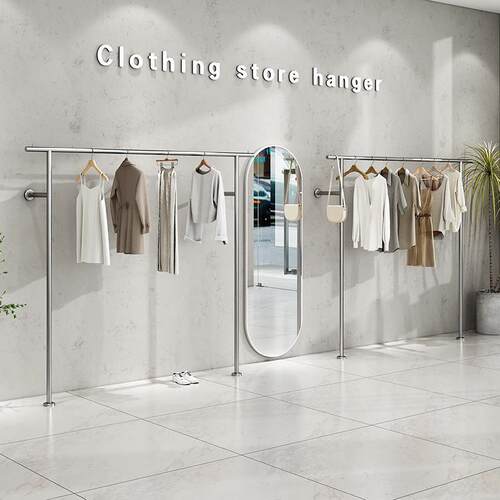 服装店专用展示架不锈钢银色上墙女装店货架挂衣服架陈列架壁挂式