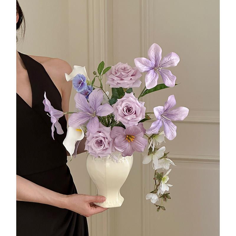 法式复古花束紫色彷真花假花客厅插花瓶花艺轻奢高端餐桌装饰摆饰